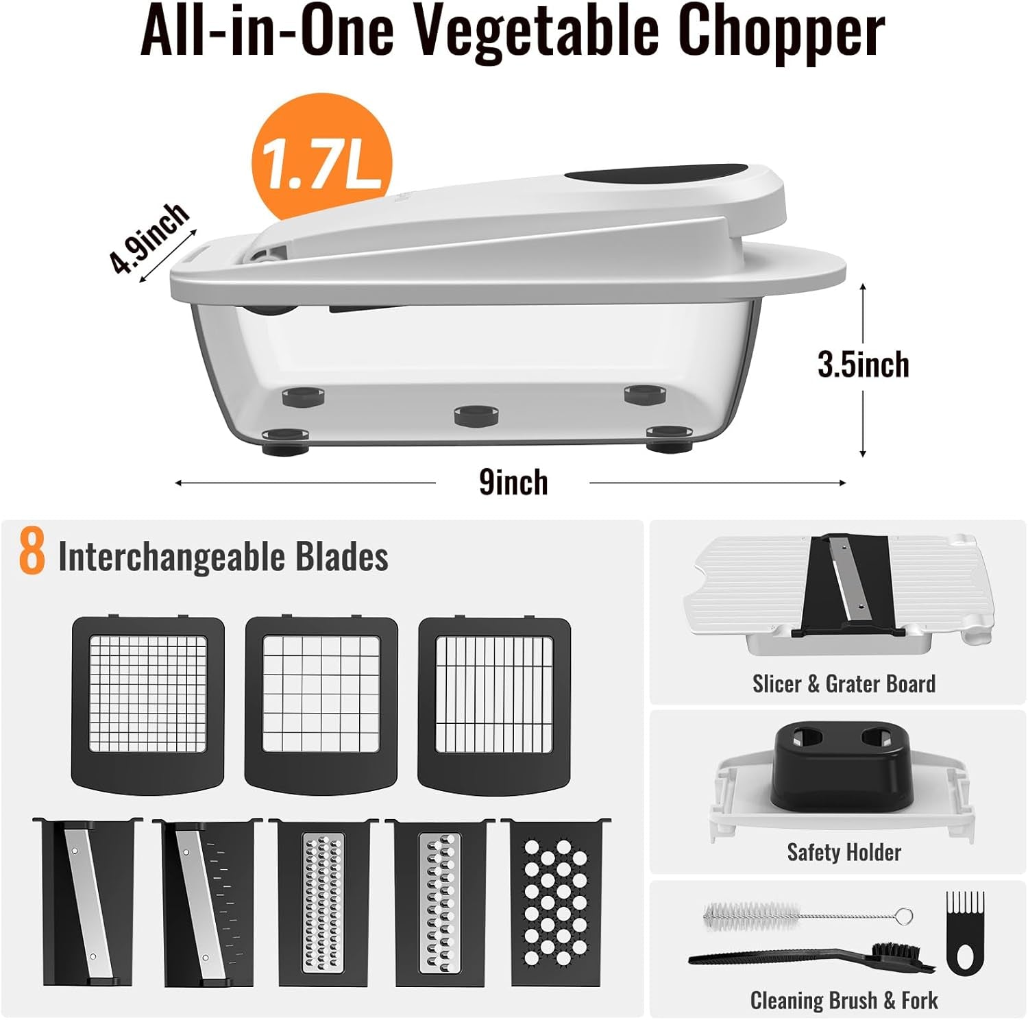 8-Blade Vegetable Chopper & Mandoline Slicer with Container – All-in-1 Kitchen Cutter, Onion & Salad Chopper (White)