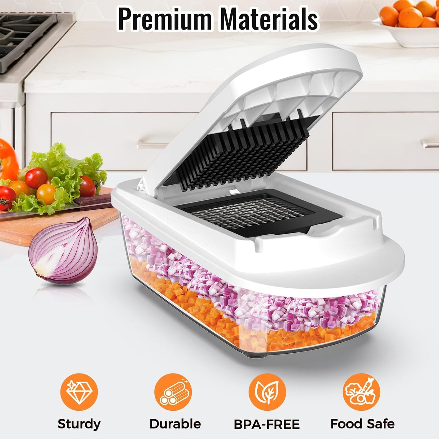 8-Blade Vegetable Chopper & Mandoline Slicer with Container – All-in-1 Kitchen Cutter, Onion & Salad Chopper (White)