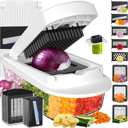 8-Blade Vegetable Chopper & Mandoline Slicer with Container – All-in-1 Kitchen Cutter, Onion & Salad Chopper (White)